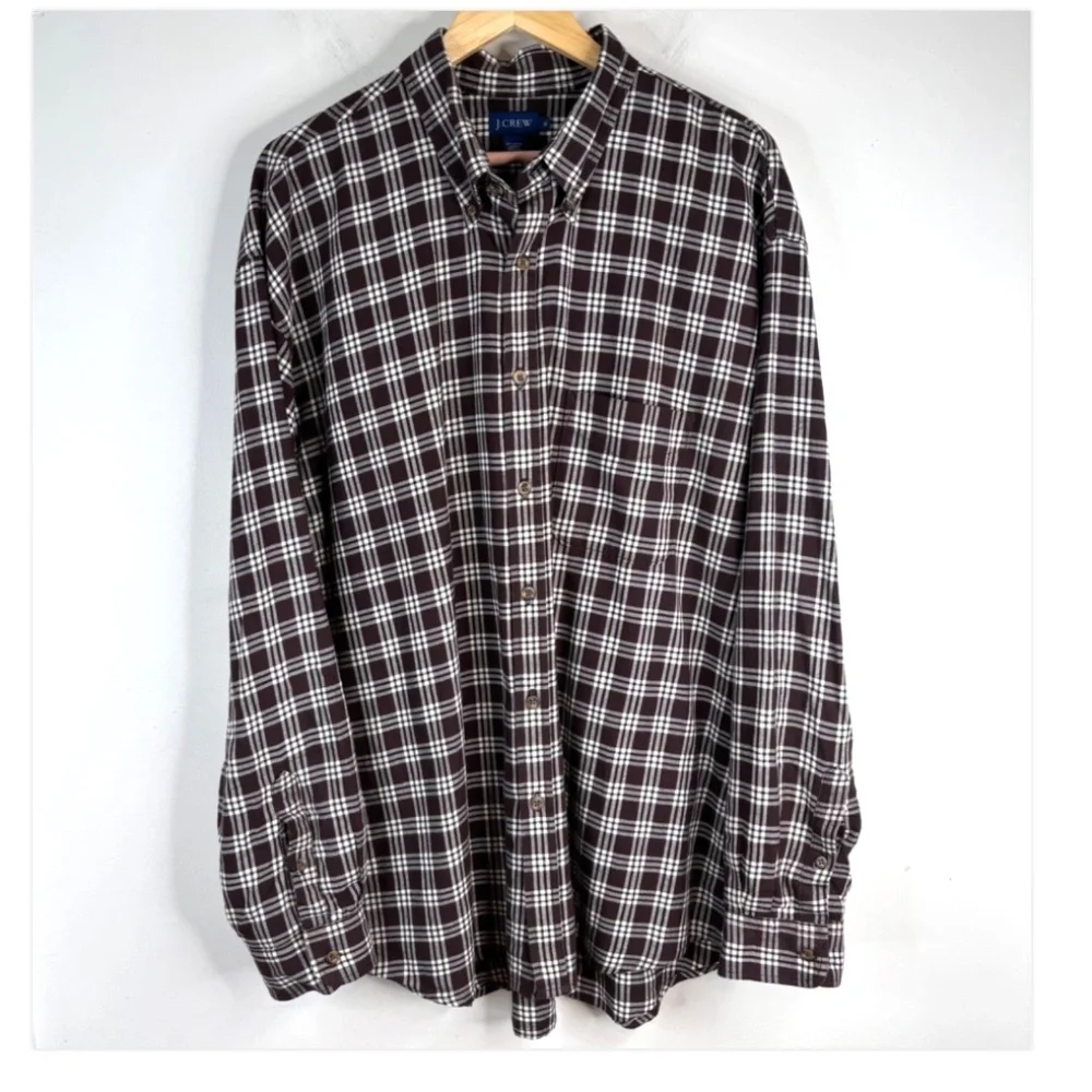 Vintage J Crew Plaid Shirt XL Cotton Made in Portugal Chocolate Brown Blue Label